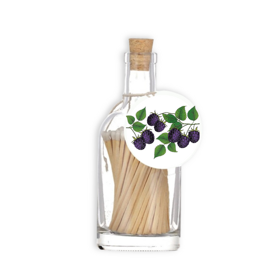 A luxury glass match bottle from the Home County Co. with blackberry illustrated gift tag.