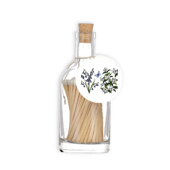 A luxury glass match bottle from the Home County Co. with Bluebell illustrated gift tag.