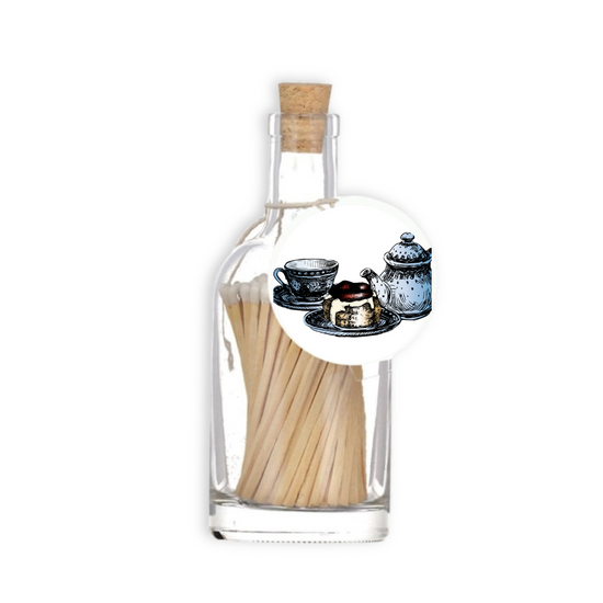 A luxury glass match bottle from the Home County Co. with cream tea illustrated gift tag.