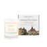 A wood smoke and wild moss scented soy wax candle inspired by Edinburgh and the Lothians is shown next to its sustainable candle box with Edinburgh Royal Mile illustration