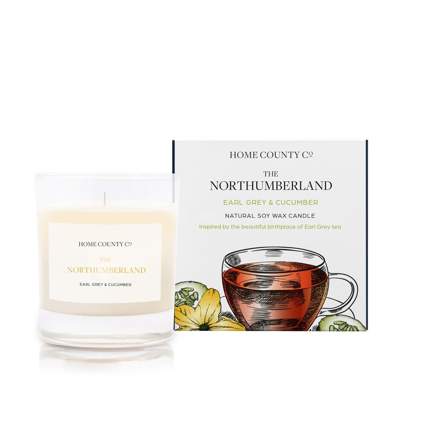 An earl grey and cucumber scented soy wax candle inspired by Northumberland is shown next to its sustainable candle box with teacup illustration