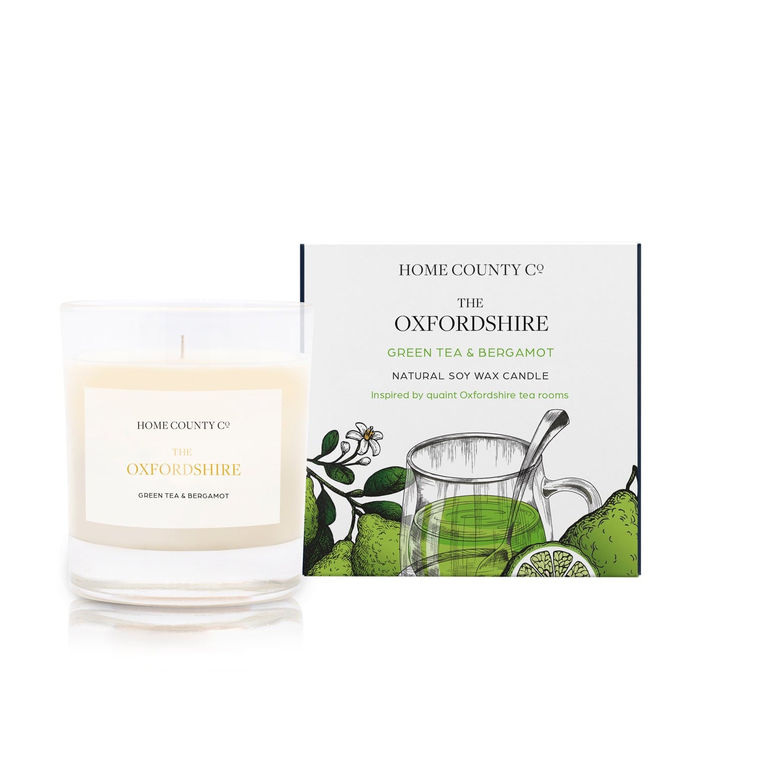 A green tea and bergamot scented soy wax candle inspired by Oxfordshire is shown next to its sustainable candle box with green tea illustration