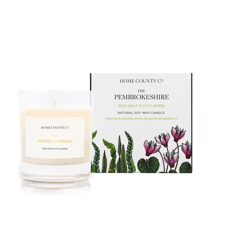A sea kelp and cyclamen scented soy wax candle inspired by Pembrokeshire is shown next to its sustainable candle box with coastal illustration