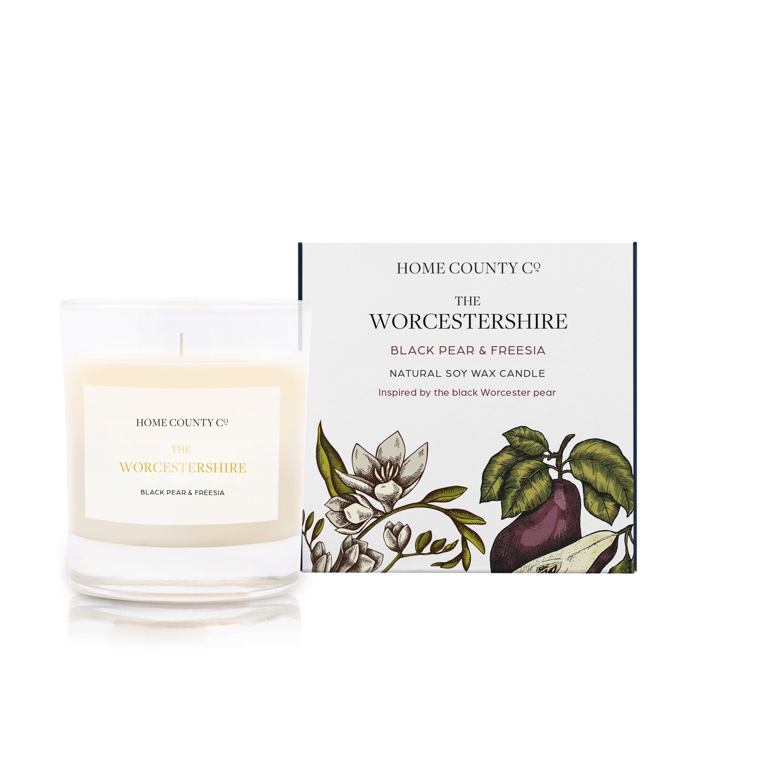 A black pear and freesia scented soy wax candle inspired by Worcestershire is shown next to its sustainable candle box with pear illustration