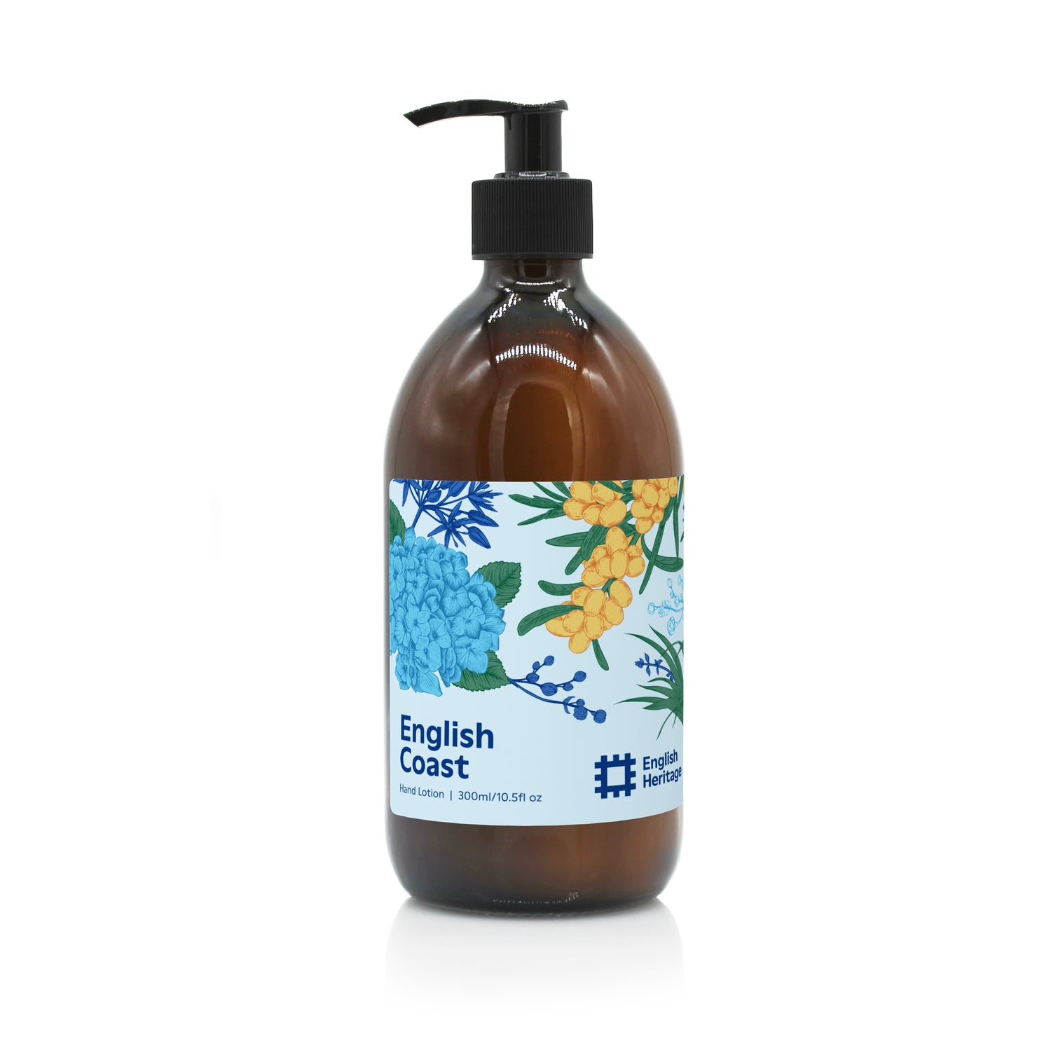 An English Heritage English Coast scented hand and body lotion in clear glass bottle with black lotion pump