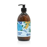 An English Heritage English Coast scented hand and body lotion in clear glass bottle with black lotion pump