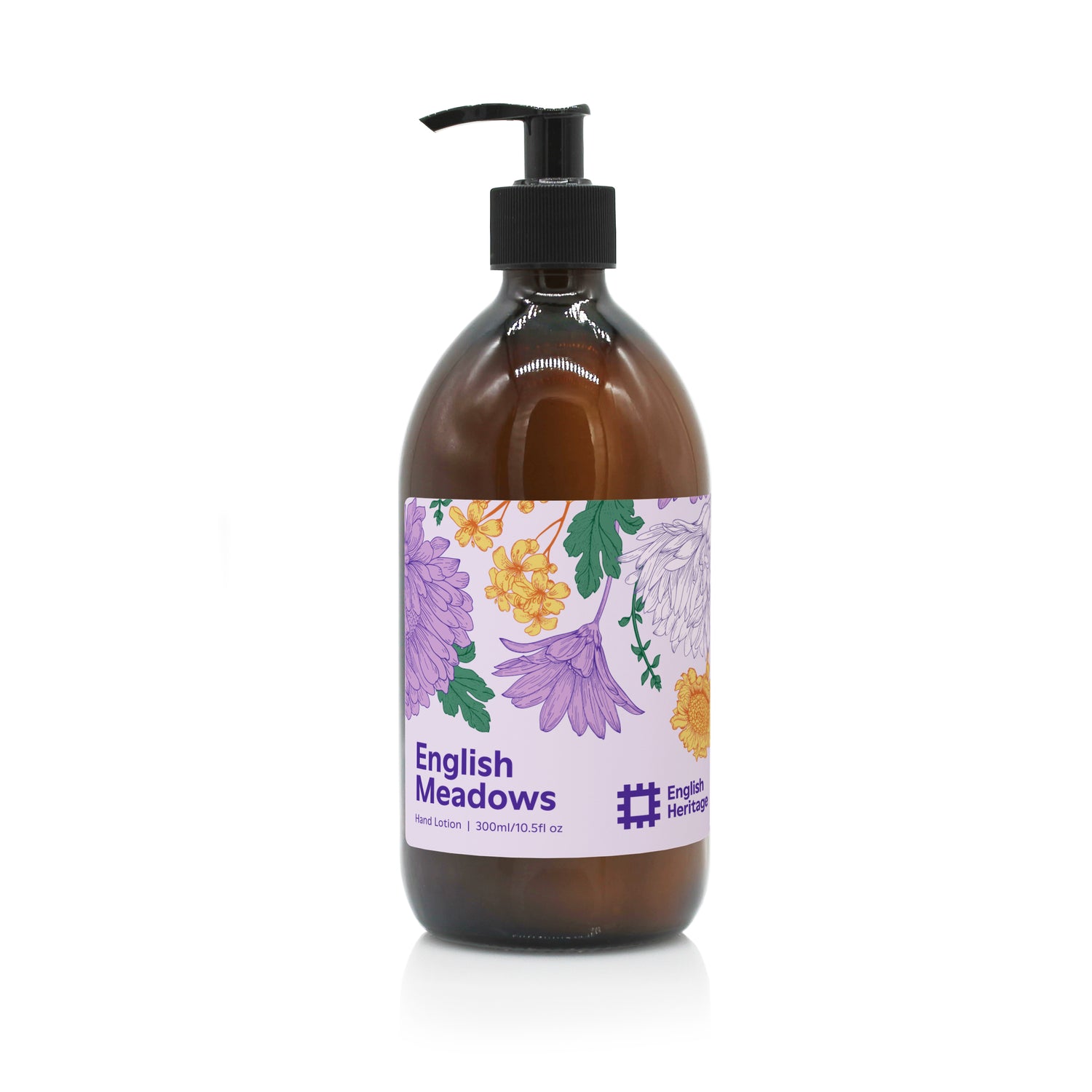 An English Heritage English Meadows scented moisturising hand and body lotion in amber glass bottle with black lotion pump and floral illustrated label