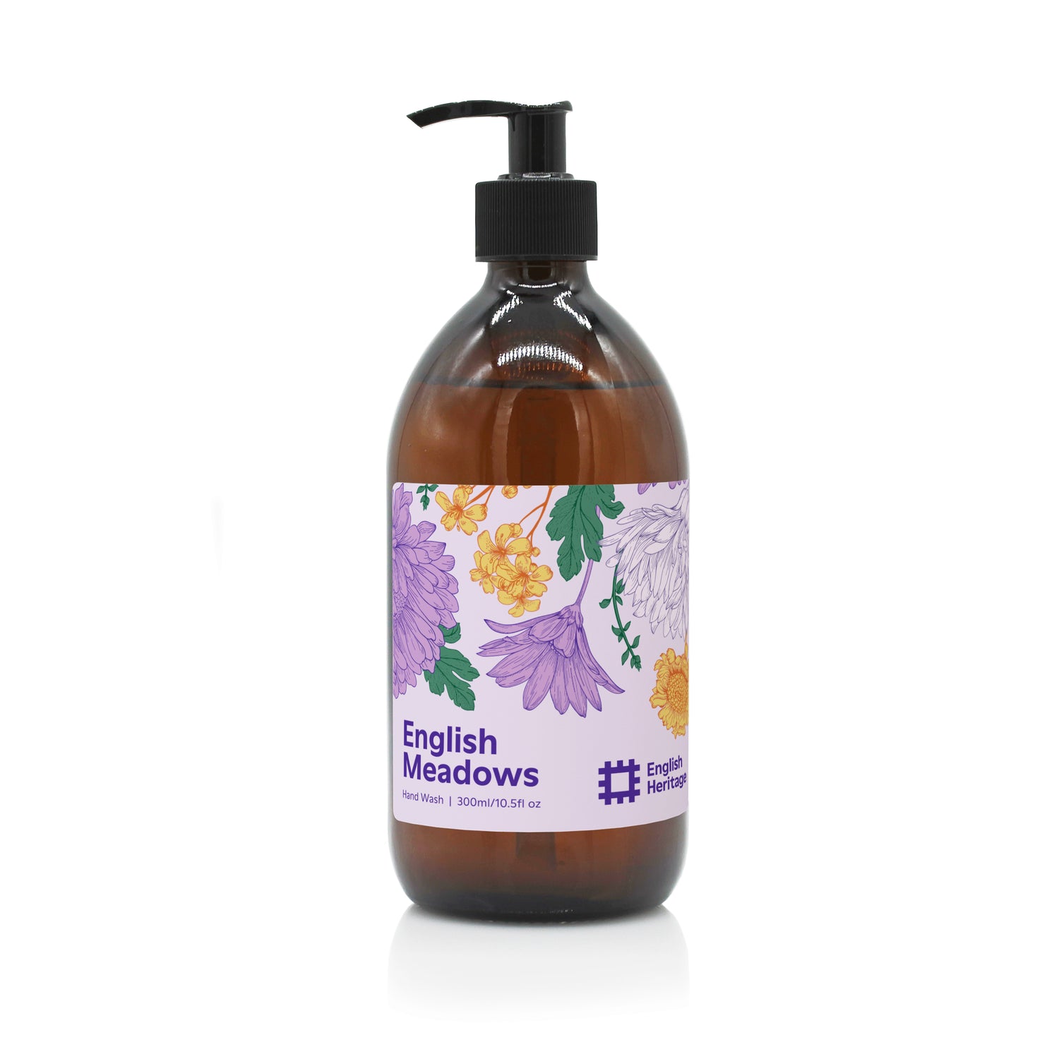 An English Heritage English Meadows scented hand and body lotion in amber glass bottle with black lotion pump and floral illustrated label