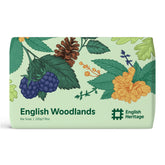 An English Heritage English Woodlands scented soap bar is shown in its woodland illustrated eco-friendly soap wrap