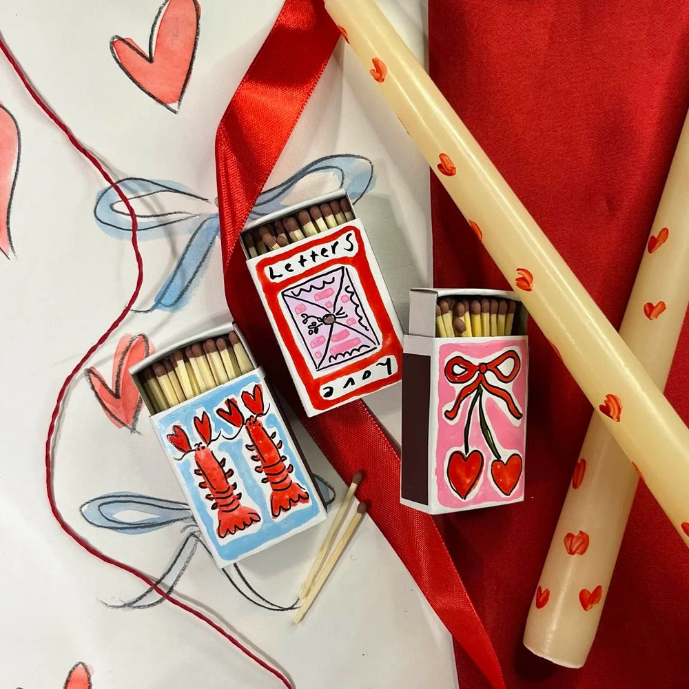 A set of 3 Valentine's match boxes, hand-painted by Eleanor Joanna 