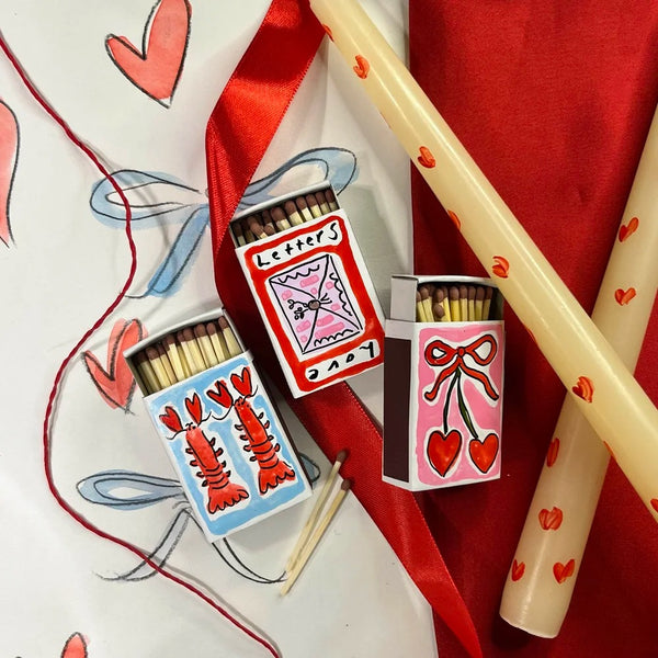 A set of 3 Valentine's match boxes, hand-painted by Eleanor Joanna 