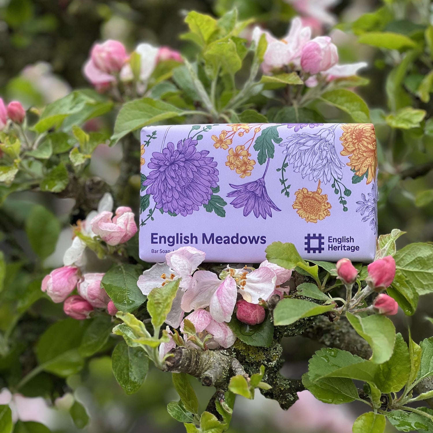 An English Heritage English Meadows soap bar is shown in a blossom tree
