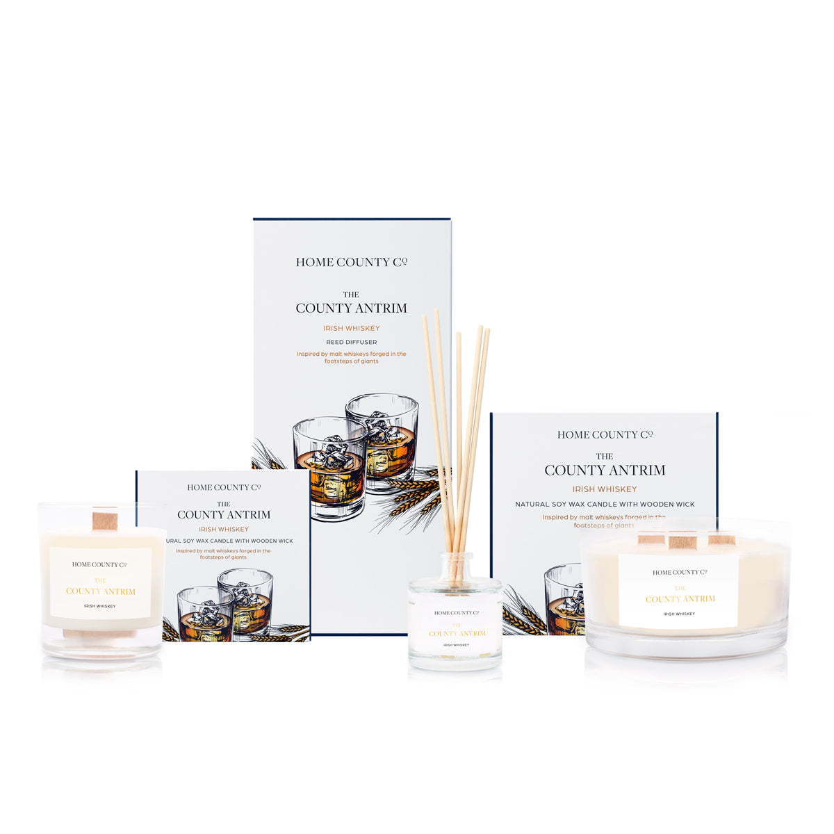 The County Antrim Irish Whiskey scented home fragrance collection from the Home County Co,