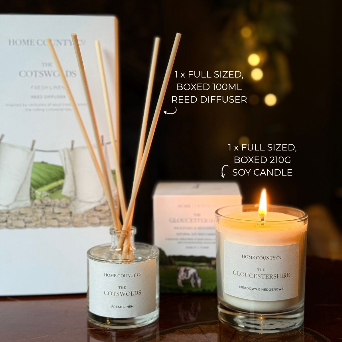 Home County Co. Candle and Diffuser Gift Set shows a Gloucestershire candle and a Cotswolds reed diffuser