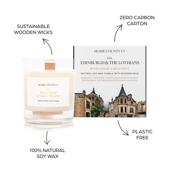 Sustainable candle credentials are shown around the wood smoke and wild moss scented candle image - sustainable wooden wicks, zero carbon carton, 100% natural soy wax, plastic free