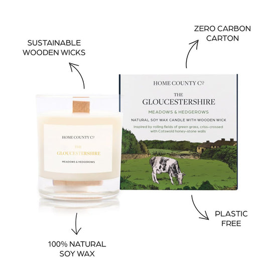 Sustainable candle credentials are shown around the freshly cut grass scented candle image - sustainable wooden wicks, zero carbon carton, 100% natural soy wax, plastic free