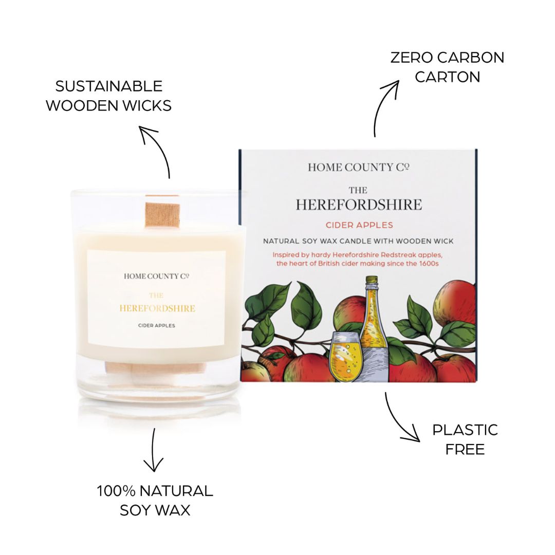 Sustainable candle credentials are shown around the cider apples scented candle image - sustainable wooden wicks, zero carbon carton, 100% natural soy wax, plastic free