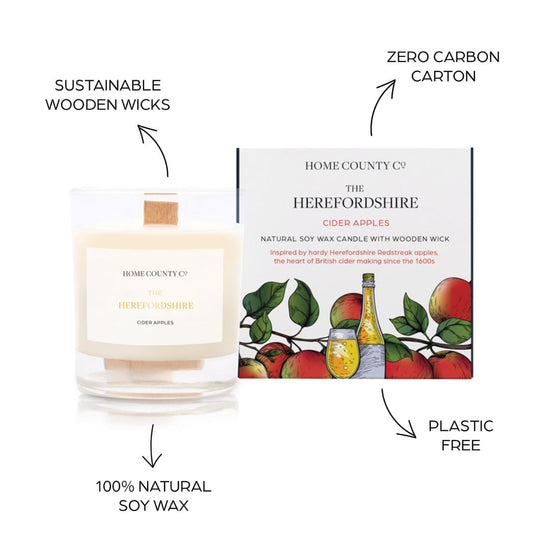 Sustainable candle credentials are shown around the cider apples scented candle image - sustainable wooden wicks, zero carbon carton, 100% natural soy wax, plastic free