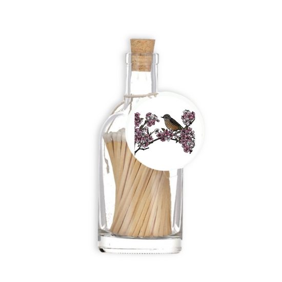A luxury glass match bottle from the Home County Co. with Cherry Blossom illustrated gift tag.