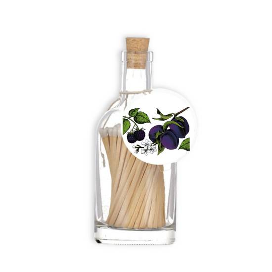 A luxury glass match bottle from the Home County Co. with Damson Plum illustrated gift tag.
