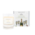 A prosecco and pomelo scented soy wax candle inspired by Essex is shown next to its sustainable candle box with prosecco bottle illustration