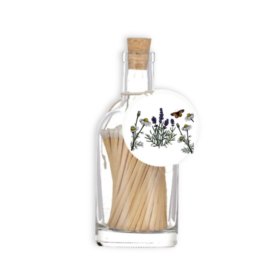 A luxury glass match bottle from the Home County Co. with Lavender and Chamomile illustrated gift tag.