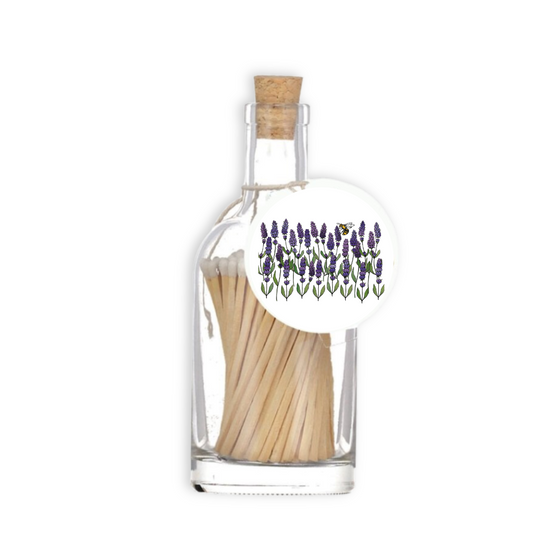 A luxury glass match bottle from the Home County Co. with Lavender illustrated gift tag.