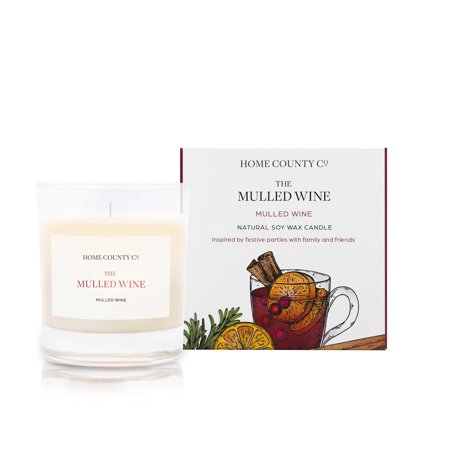 A Mulled Wine scented soy wax candle is shown next to its sustainable candle box with mulled wine illustration