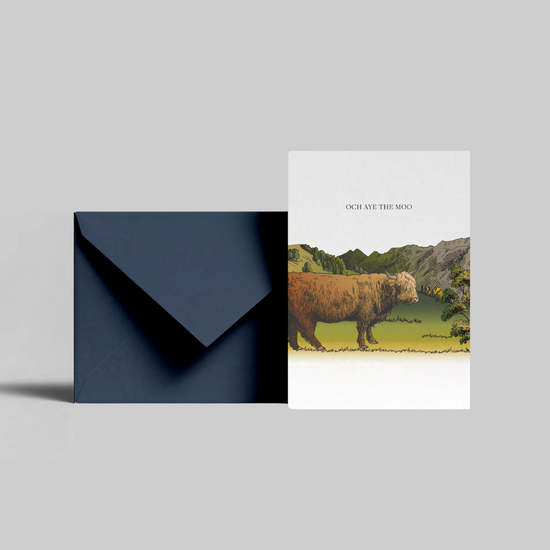 A highland cow illustrated greeting card with och aye the moo message from the Home County Co. is shown with its navy envelope.