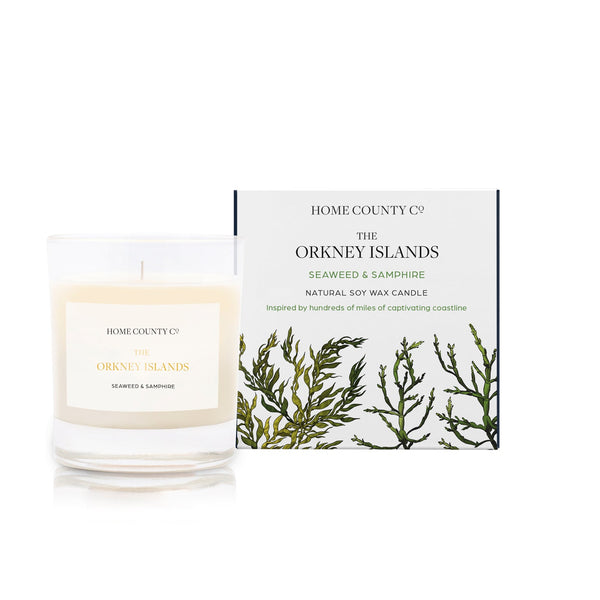 A seaweed and samphire scented soy wax candle inspired by the Orkney Islands is shown next to its sustainable candle box with seaweed illustration