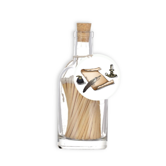 A luxury glass match bottle from the Home County Co. with Parchment and Quill illustrated gift tag.