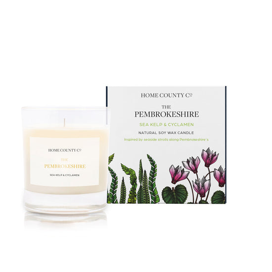 A sea kelp and cyclamen scented soy wax candle inspired by Pembrokeshire is shown next to its sustainable candle box with coastal illustration