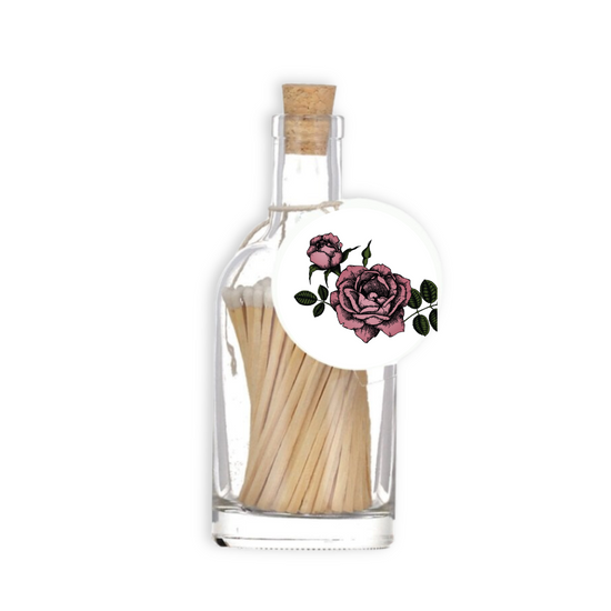  A luxury glass match bottle from the Home County Co. with pink rose illustrated gift tag.