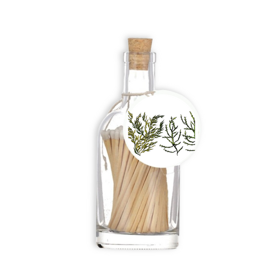 A luxury glass match bottle from the Home County Co. with Seaweed illustrated gift tag.