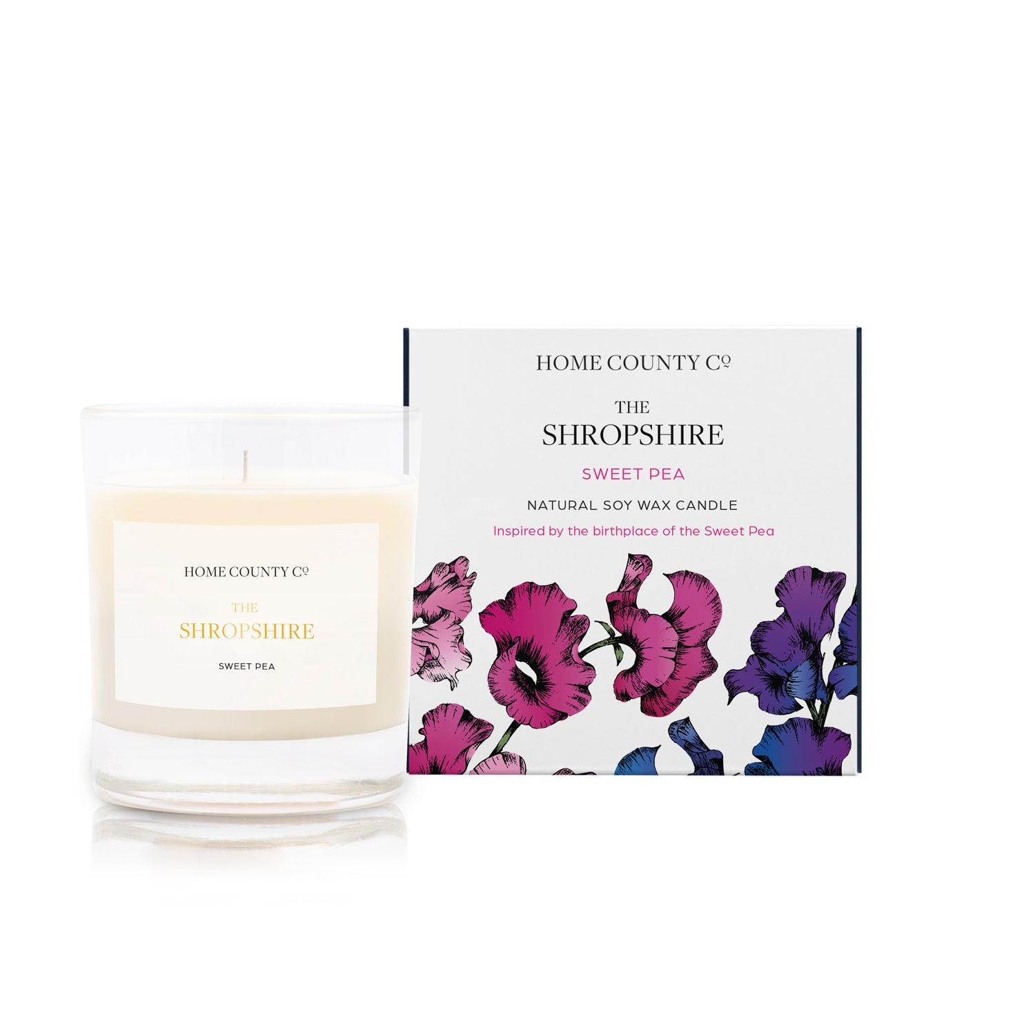 A sweet pea scented soy wax candle inspired by Shropshire is shown next to its sustainable candle box with sweet pea illustration