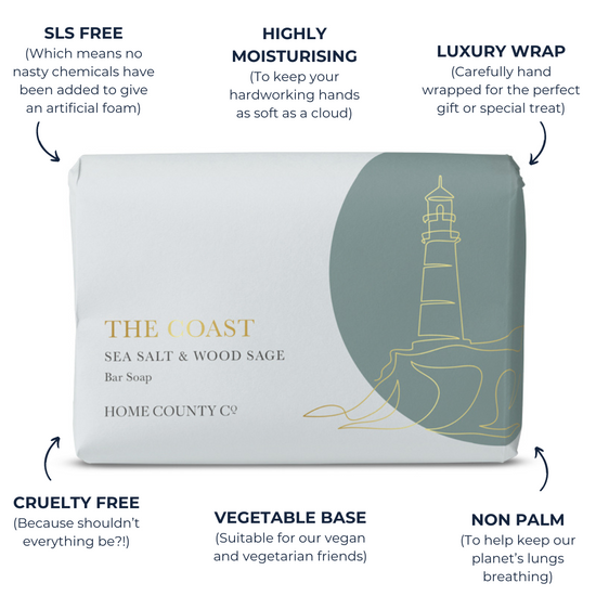 A coastal scented soap bar from the Home County Co. is shown in a gold foil wrap with sustainable soap bar features. SLS free soap bar, cruelty free soap bar, vegan friendly soap bar, non palm soap bar.