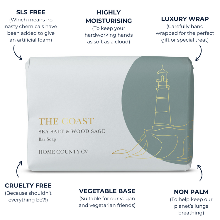 A coastal scented soap bar from the Home County Co. is shown in a gold foil wrap with sustainable soap bar features. SLS free soap bar, cruelty free soap bar, vegan friendly soap bar, non palm soap bar.