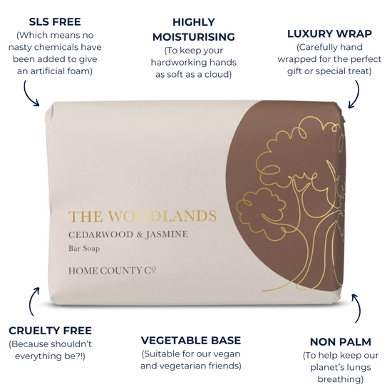 A woody scented handmade soap bar from the Home County Co. is shown in a gold foil wrap with sustainable soap bar features. SLS free soap bar, cruelty free soap bar, vegan friendly soap bar, non palm soap bar.