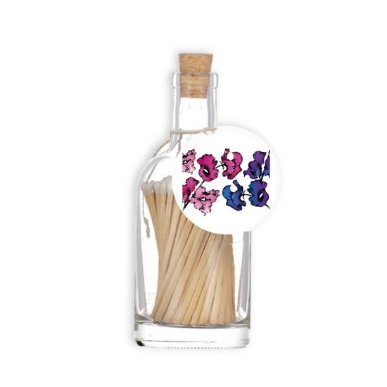 A luxury glass match bottle from the Home County Co. with Sweet Pea illustrated gift tag.