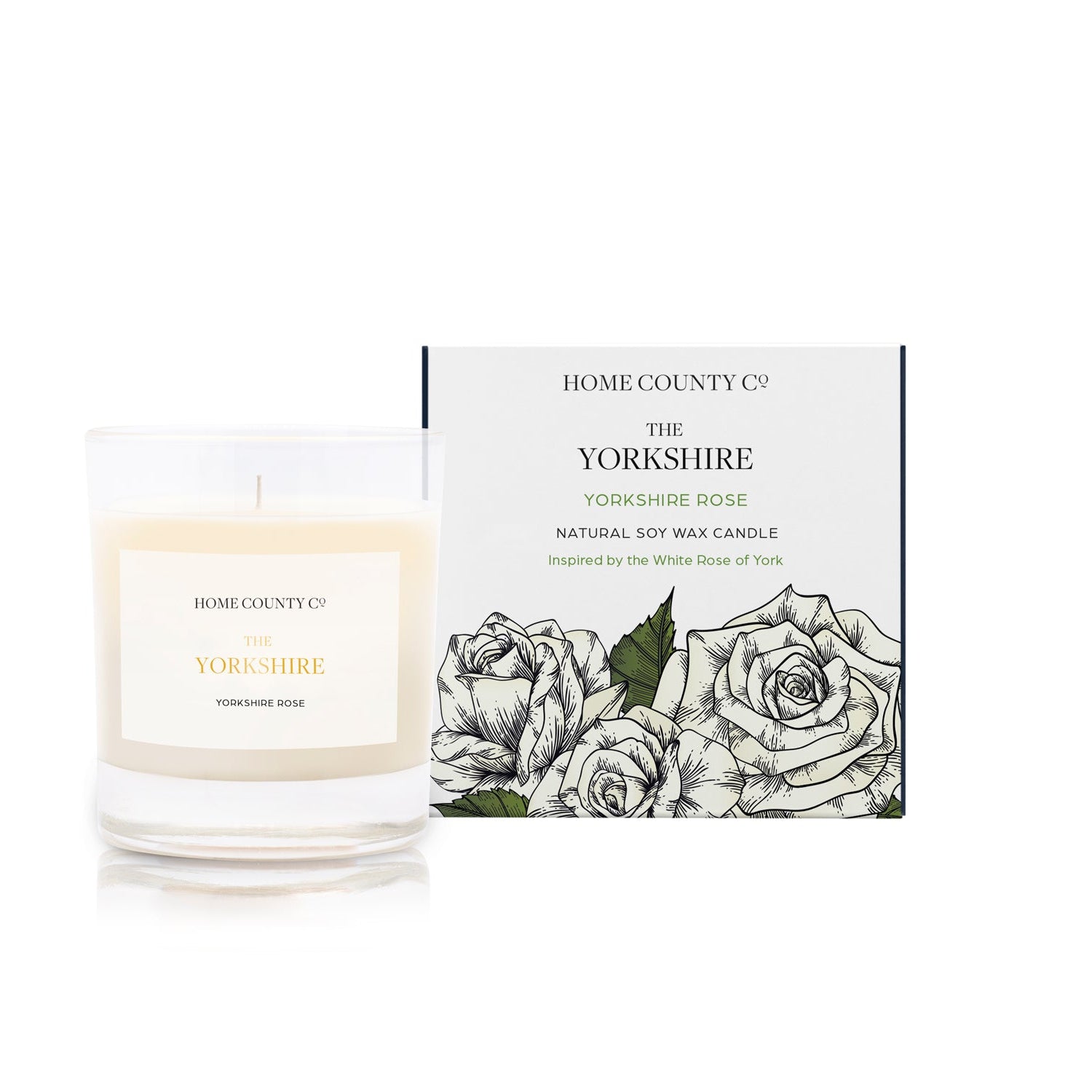 A yorkshire rose scented soy wax candle inspired by yorkshire is shown next to its sustainable candle box with white rose illustration