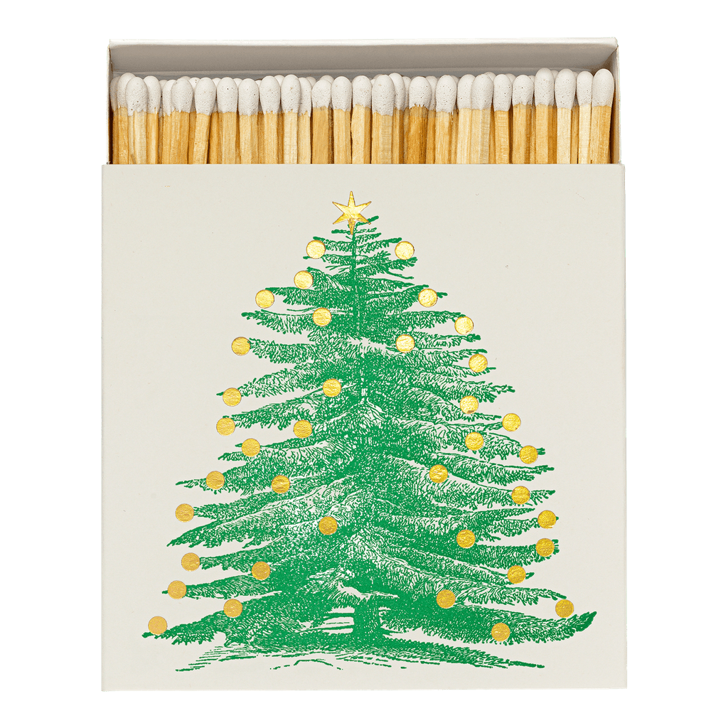 A box of Archivist Matches with a Christmas tree design is shown open with 125 long white tipped matchsticks inside