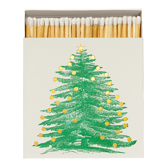 A box of Archivist Matches with a Christmas tree design is shown open with 125 long white tipped matchsticks inside