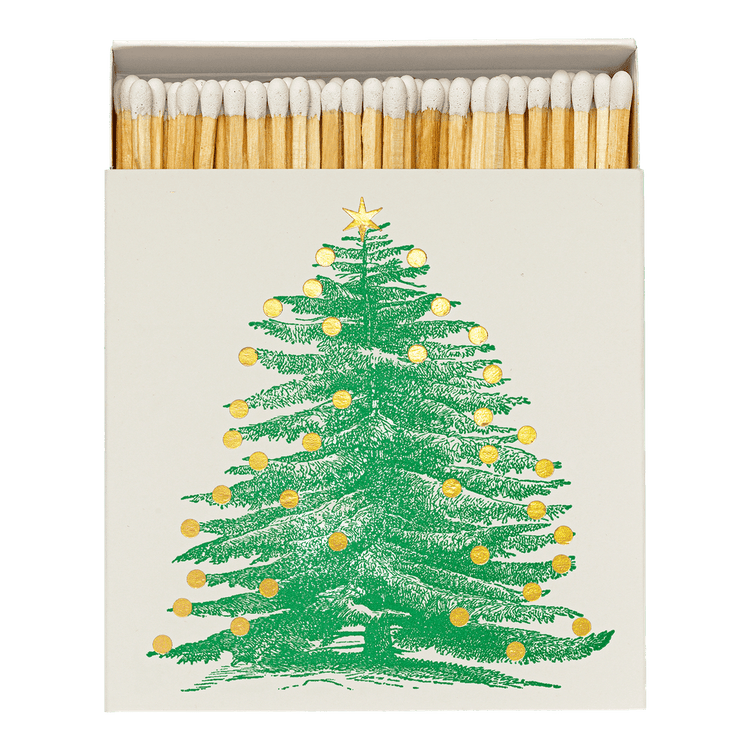 A box of Archivist Matches with a Christmas tree design is shown open with 125 long white tipped matchsticks inside