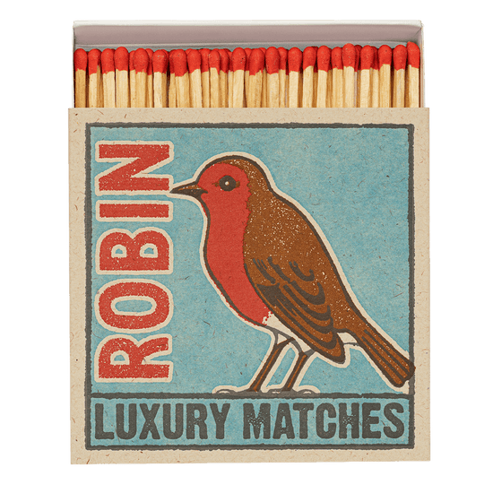A box of Archivist matches with a Robin design is shown open with 125 red tipped matchsticks inside