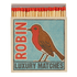 A box of Archivist matches with a Robin design is shown open with 125 red tipped matchsticks inside
