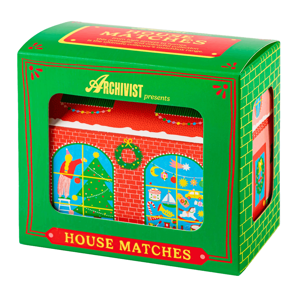 The Christmas House matchbox from Archivist is shown in its additional packaging box 