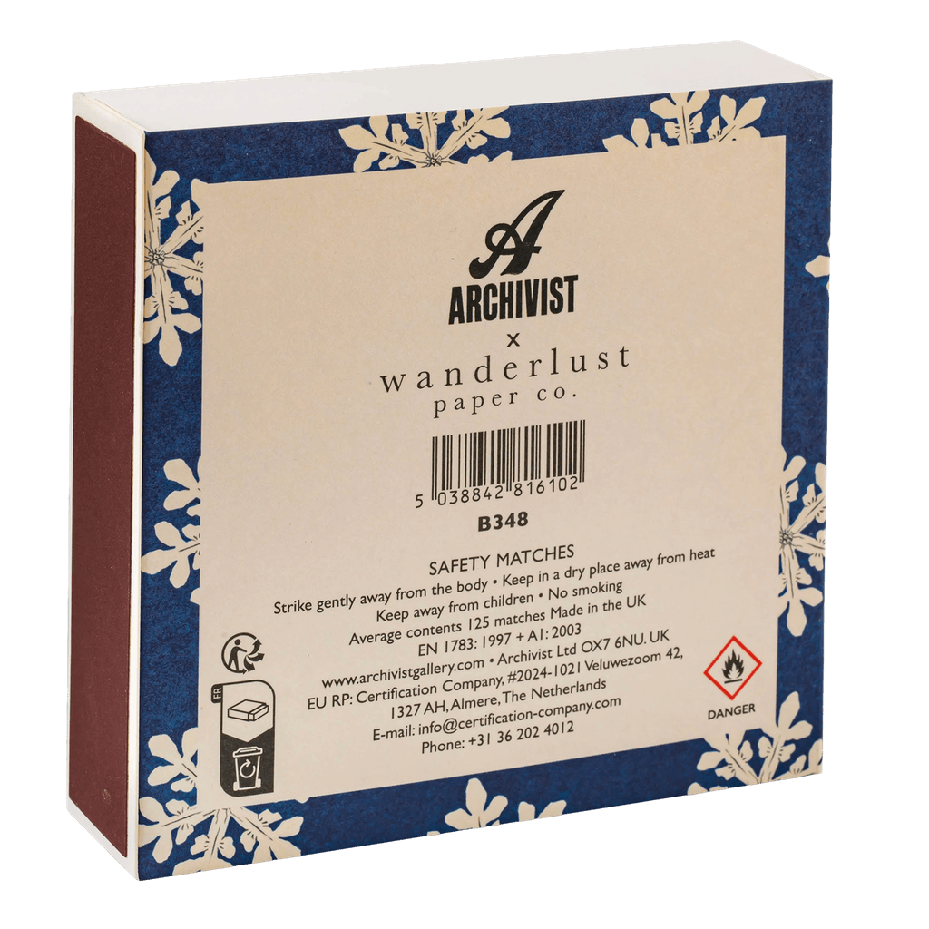 The back of a box of Archivist Winter Joy matches.