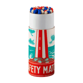 A cylinder box of Archivist matches with nautical lighthouse design and strike a light message is shown open with red, white and blue tips