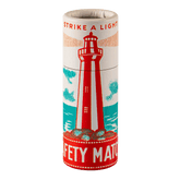 A cylinder box of Archivist matches with nautical lighthouse design and strike a light message