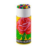 A cylinder box of Archivist matches with red rose design is shown open with multicolour tips